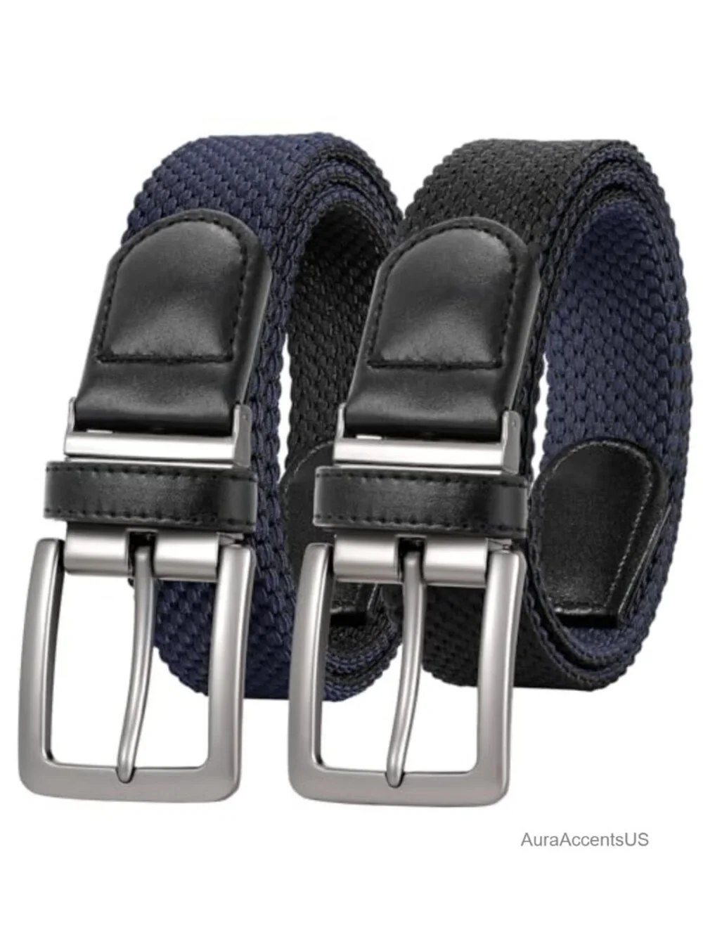 Reversible Braided Stretch Belt with Rotating Buckle for Men